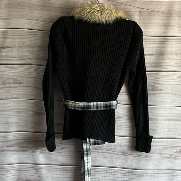 GLIMMER Black Plaid Button Front Hooded Faux Fur Wool Blend Tie Jacket Size M - Picture 7 of 7